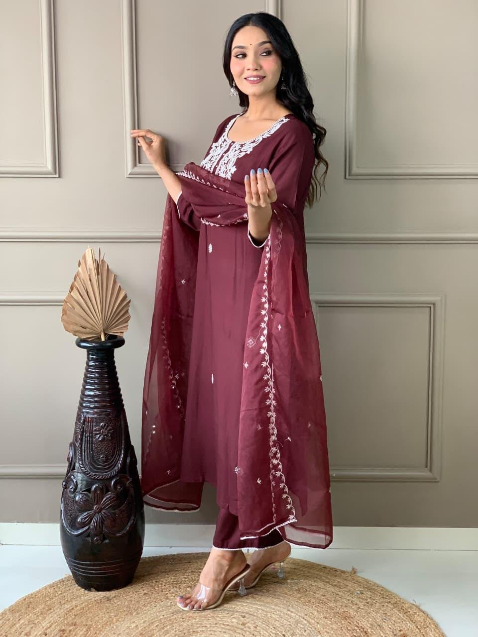 Wine Rayon Mirror Work Kurti Set
